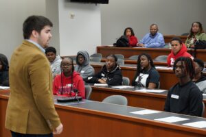 Southwest High School students sitting in a classroom as Willie Sizemore presents a closing argument