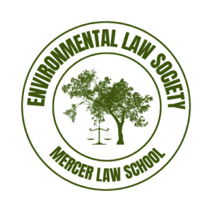 Green outlined circle with a tree and scales of justice. Text around the image reads Environmental Law Society, Mercer Law School