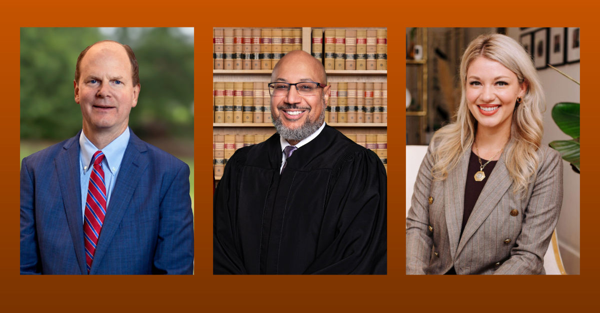 An orange background with three portraits in the foreground