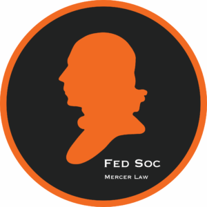 Black circle with an orange silhouette and text that reads "Fed Soc Mercer Law"