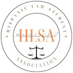 Circle graphic with scales of justice inside, and text around the circle that reads "Hispanic Law Student Association, Mercer Law School"
