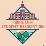Peach colored background with a cityscape on top and a rural scene on bottom. Text in between reads "Rural Law Student Assocation"