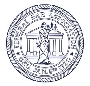 Logo for Federal Bar Association, scales of justice in front of a building