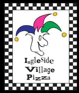 Ingleside Village Pizza logo, checked border, graphic of a jester with colorful hat